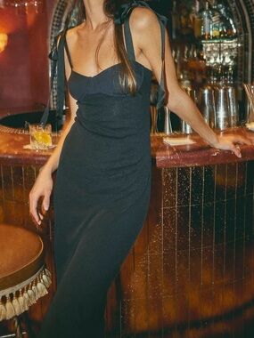 Free People Black Midi Slip Dress with Tie Straps